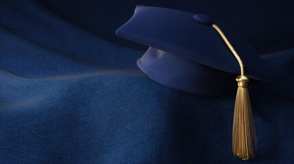 Navy blue graduation cap with gold tassel rests elegantly on deep navy silk fabric, captured in stunning detail under soft studio lighting
