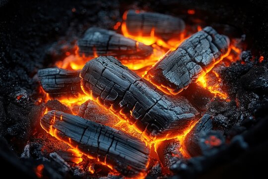 Close-up of glowing hot charcoal embers with bright orange flames and cracked black charcoal pieces conveying heat and intensity