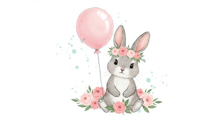 Adorable cartoon bunny with floral crown and pink balloon for easter decorations
