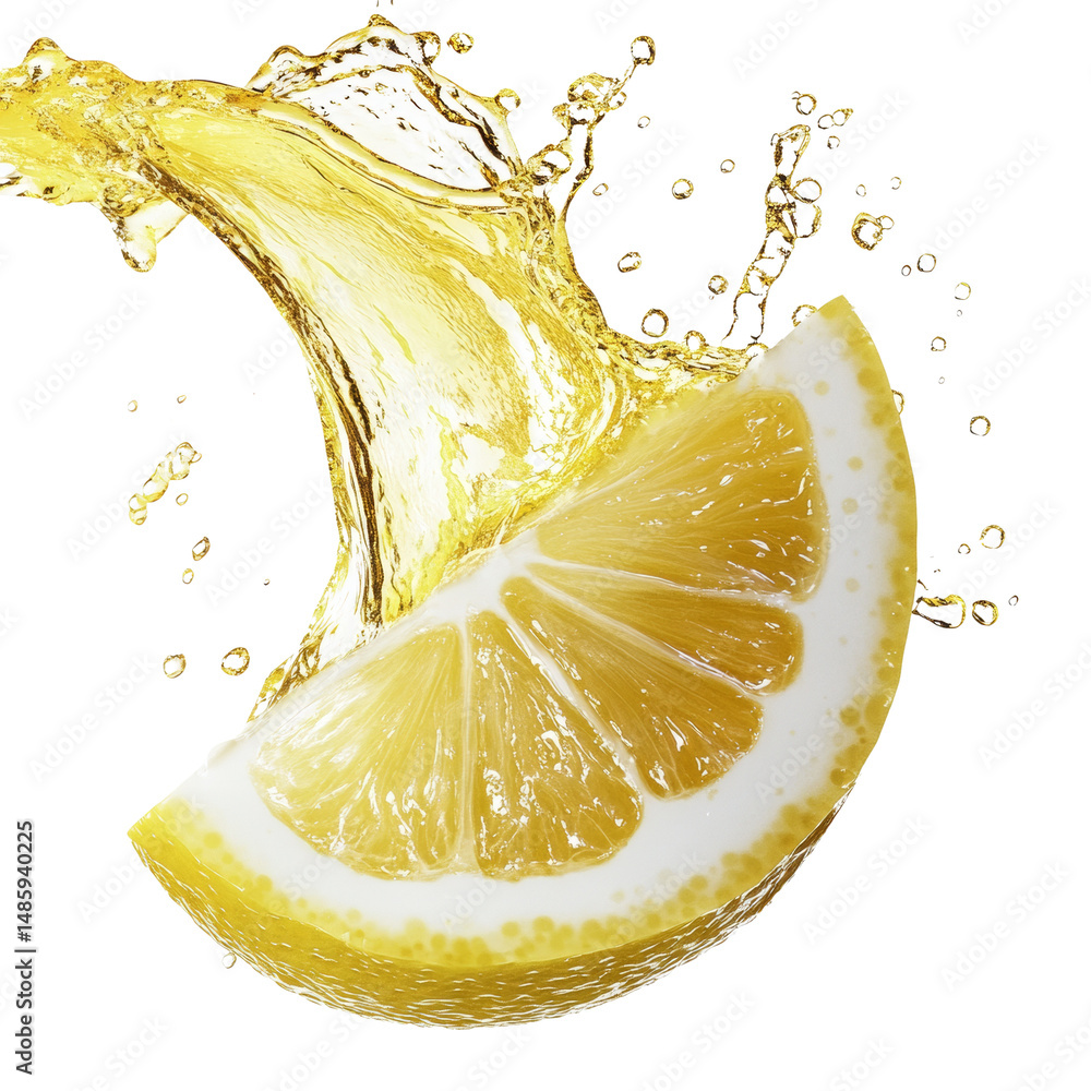 Poster Refreshing Lemon Slice with Vibrant Liquid Splash on Isolated Backdrop