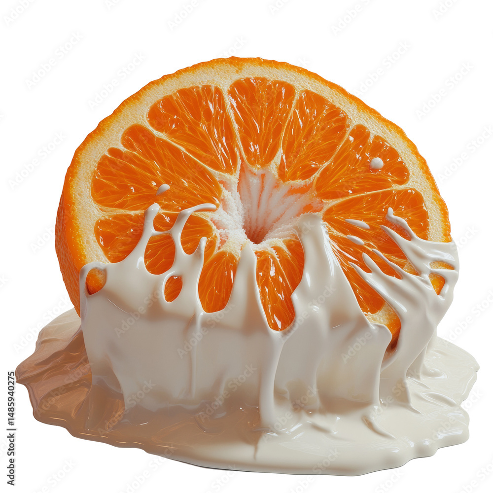 Poster surreal orange slice enrobed in flowing white cream with isolated backdrop