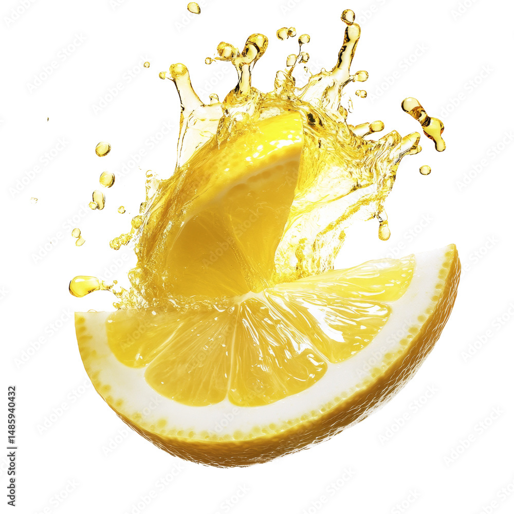 Poster lemon slice explosion, citrus refreshment and juicy delight on white background