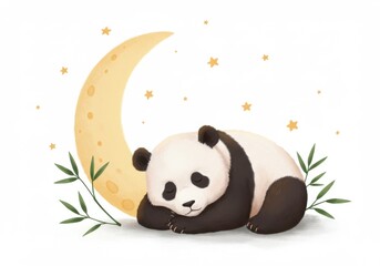 Naklejka premium Adorable panda sleeping under crescent moon with stars and bamboo