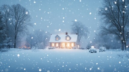 Snowy night at cozy house