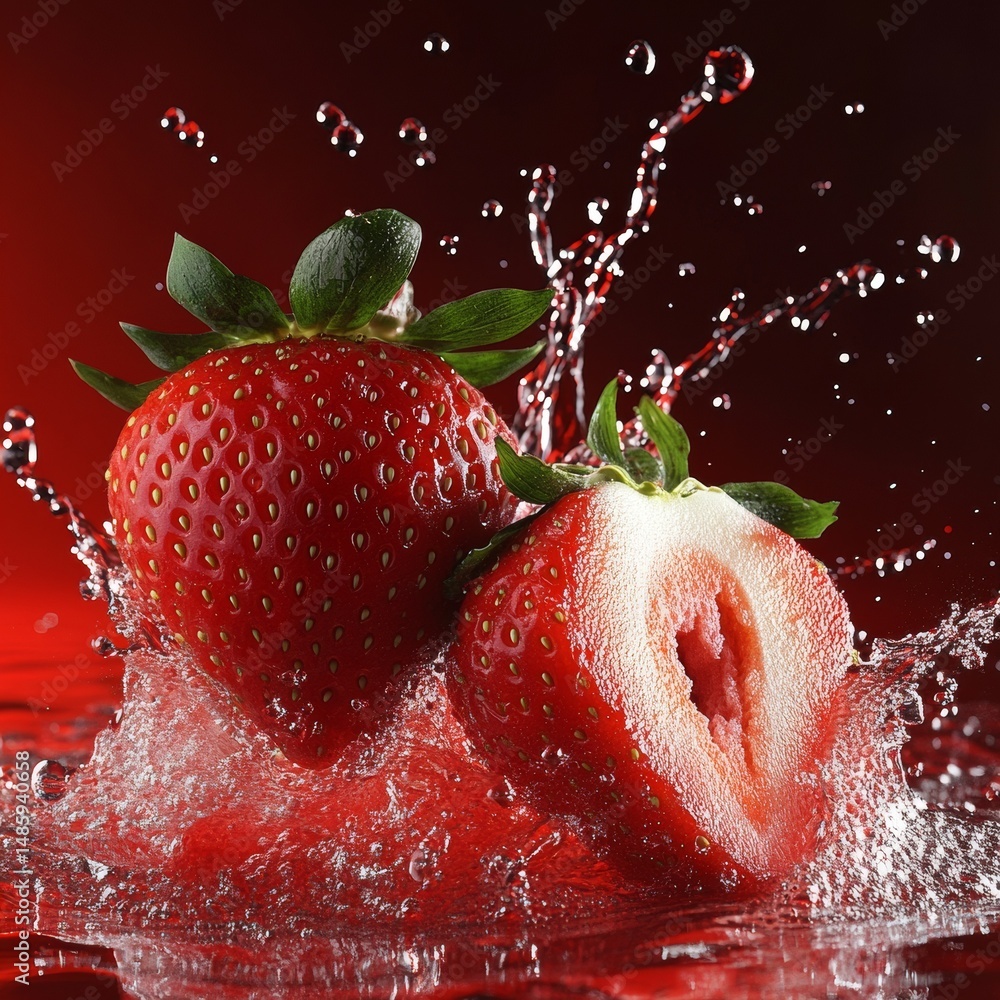 Poster fresh strawberries delightfully splashed by water against a dark red backdrop