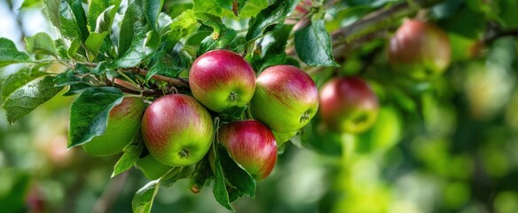 Obraz premium The vibrant apples hanging on a tree branch in a lush orchard.