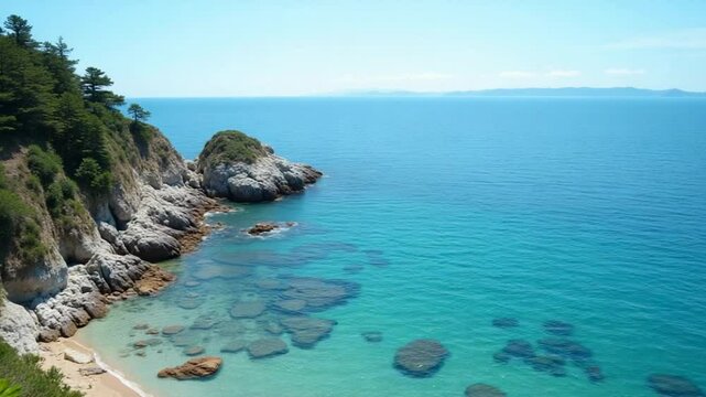 A stunning seashore vista with clear water, rocky coast, and lush greenery