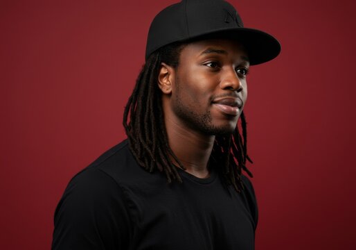 Portrait of young man in black cap on red background