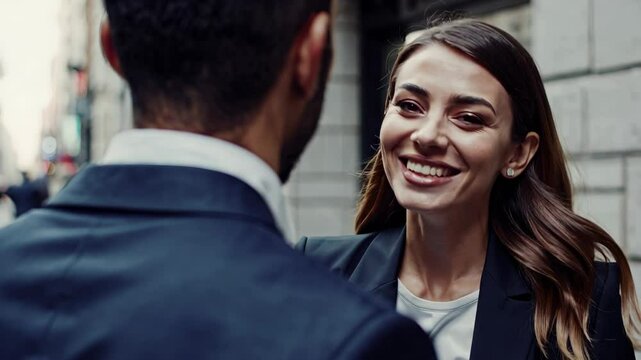 A woman in a blazer smiles at a man in a suit during a conversation on a city street.