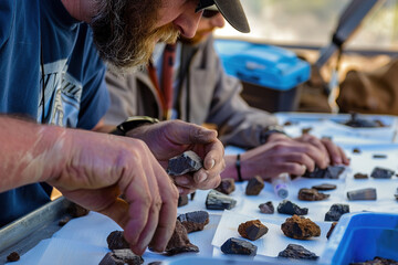 Fototapeta premium Person comparing metallic surface textures of meteorite rocks under light, examining details with jeweler’s loupe