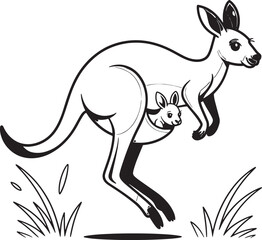 Adorable kangaroo mother with joey in pouch jumping through a field illustration