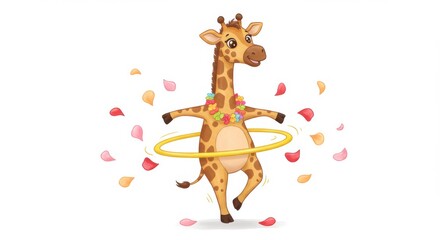 Obraz premium Adorable giraffe hula hooping with floral necklace amid falling petals