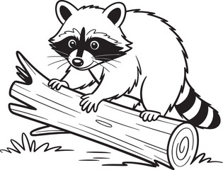 Adorable raccoon sitting on a log black and white illustration