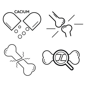 Bones joint icon set with calcium supplement, fracture, impact, pain and x-ray inspection in orthopedic medical vector illustration concept.