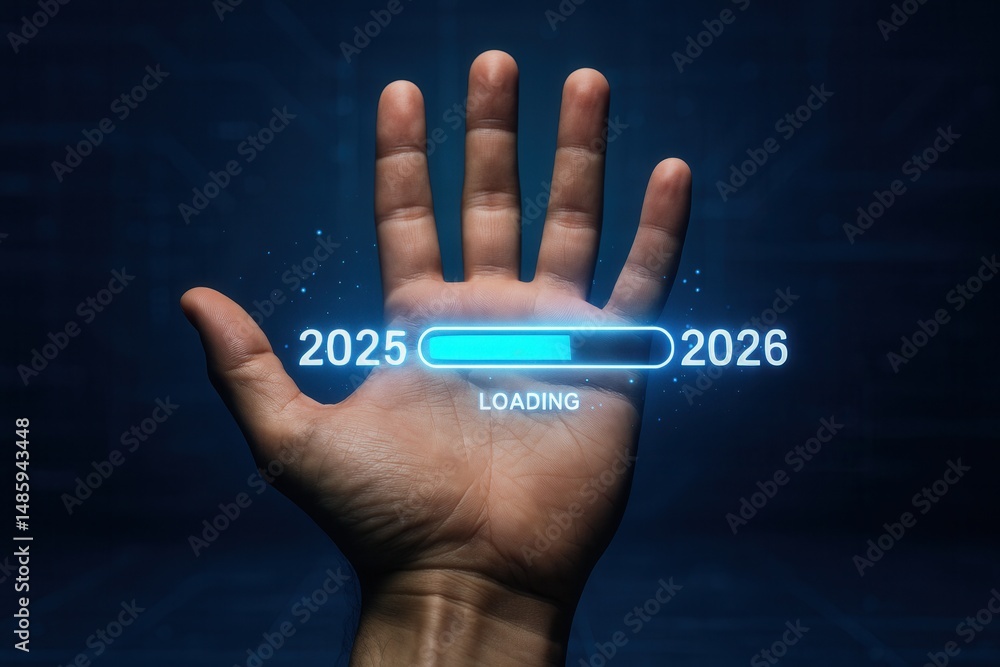 Poster businessman using augmented reality loading bar to start 2026