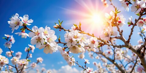 Obraz premium Almond tree in full bloom against a bright blue sky with warm sunlight filtering through the delicate white flowers, almond tree, floral