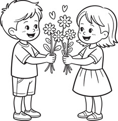 Boy giving girl flowers cute cartoon illustration