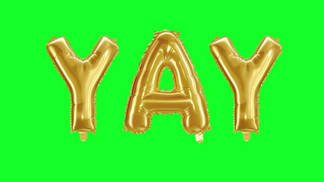 Festive Yay! 3D Rendered Foil Balloon Letters in Shimmering Gold Against a Cheerful green Background
