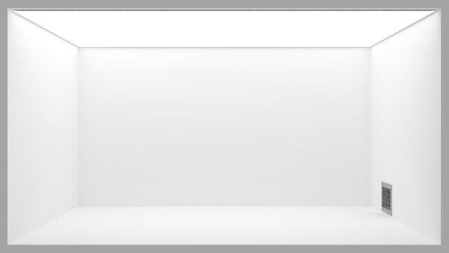 Empty white room interior with recessed ceiling lighting and a wall vent, 3D render