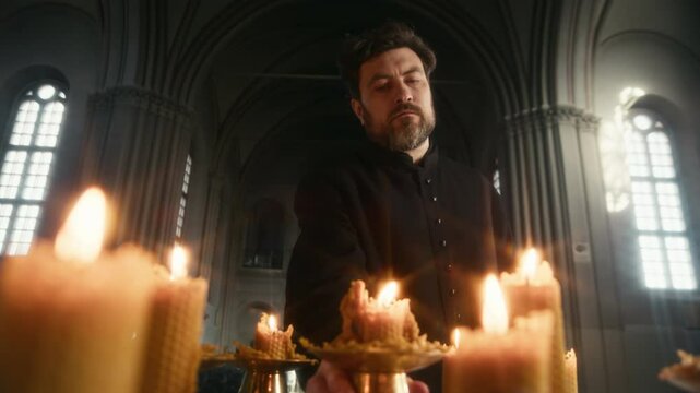 Low angle shot of middle-aged Caucasian clergyman in black soutane placing burning candle on altar while praying under vaults in dim lit catholic church with beautiful stained glass window behind