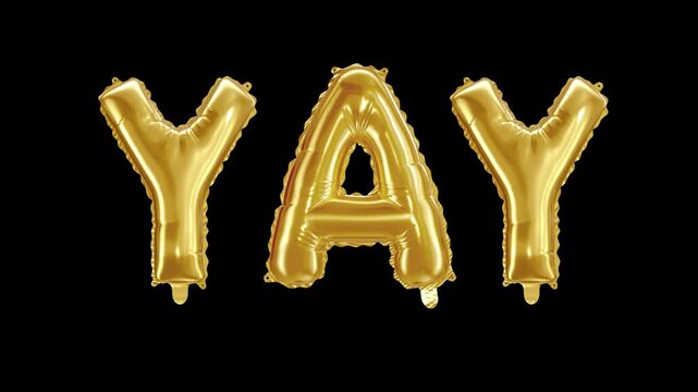 Festive Yay! 3D Rendered Foil Balloon Letters in Shimmering Gold Against a Cheerful black Background
