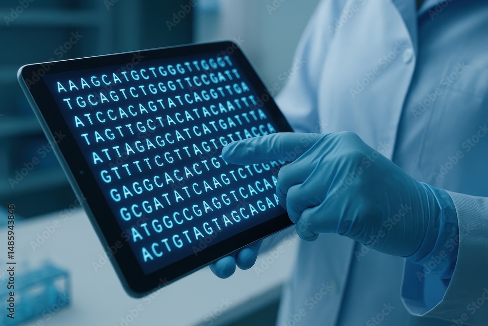 Poster scientist analyzing dna sequence on tablet screen in laboratory setting with blue lighting