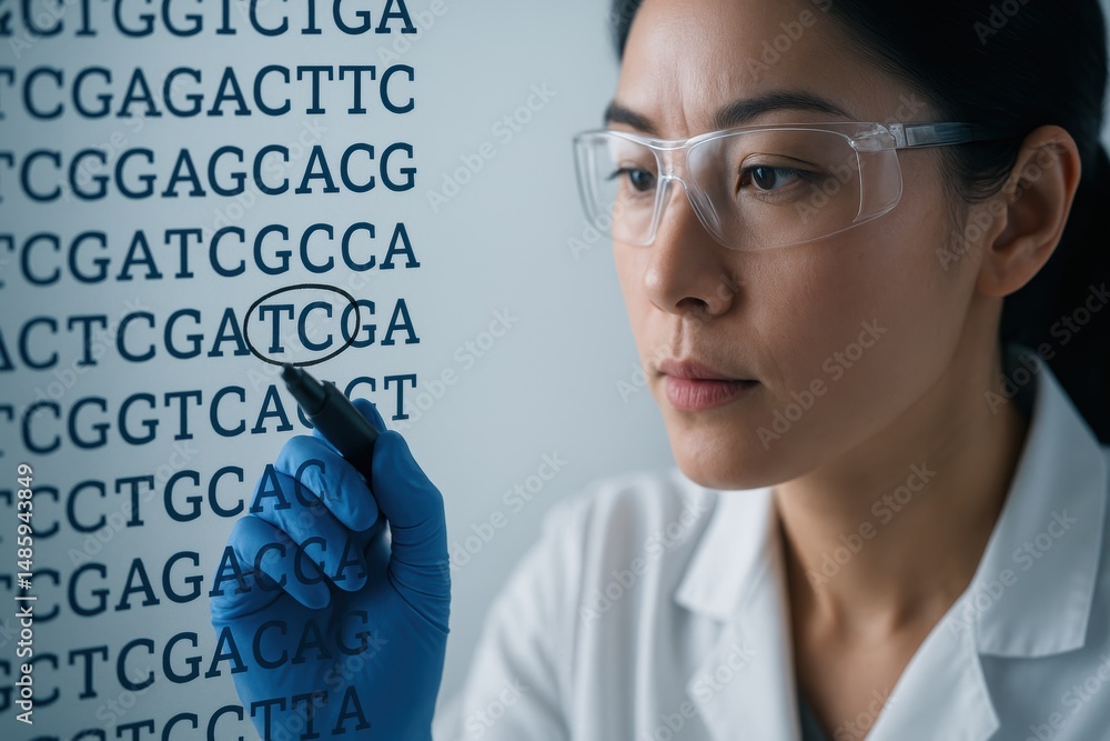 Poster scientist analyzing dna sequence with focused expression in laboratory environment