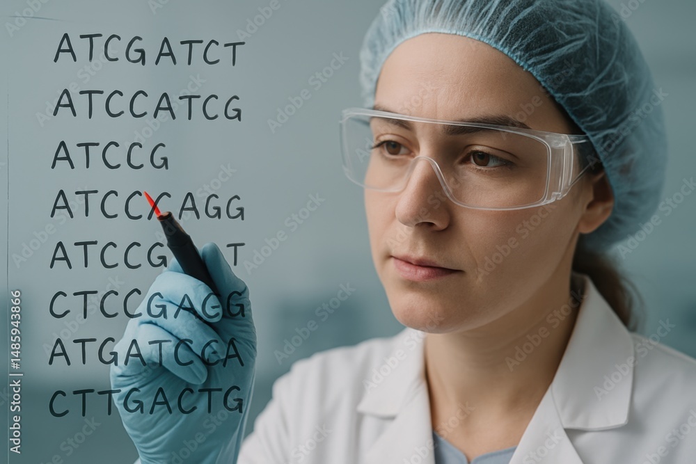 Poster scientist analyzing dna sequence data on glass panel in laboratory setting