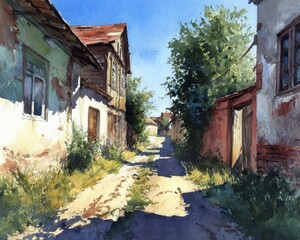 Exploring abandoned streets rural village watercolor painting vibrant nature ground level artistic perspective