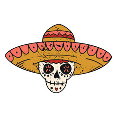 Sugar skull with hat color-stroke