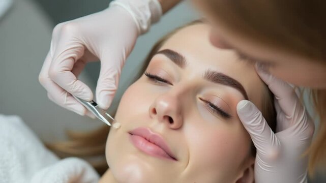Apply tinting cream near the bridge of the nose. Light permanent eyebrow makeup, performing eyebrow tattooing