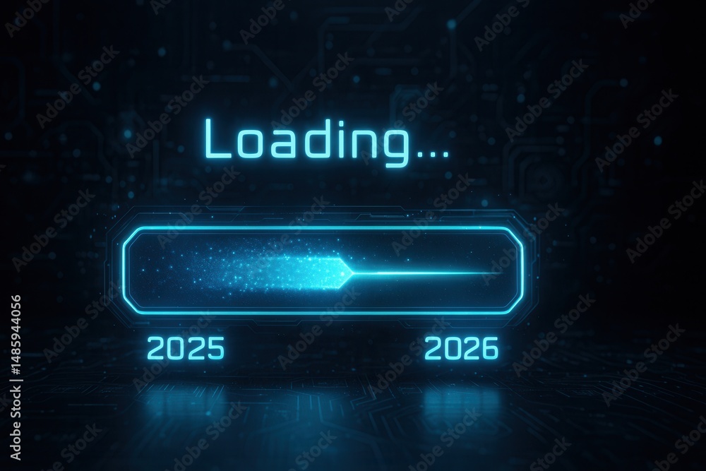 Poster futuristic loading bar making transition from year 2025 to 2026