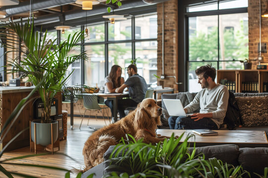 Employees collaborate at desks in modern office as dogs rest in beds beside ergonomic chairs and plants