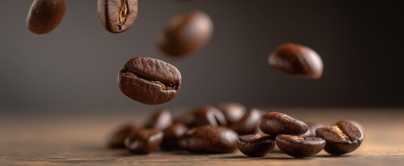 Fototapeta premium The falling coffee beans capturing the essence of aromatic brewing.