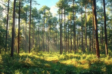 Fototapeta premium Sunlight filtering through tall pine trees in a peaceful forest with green undergrowth and clear sky