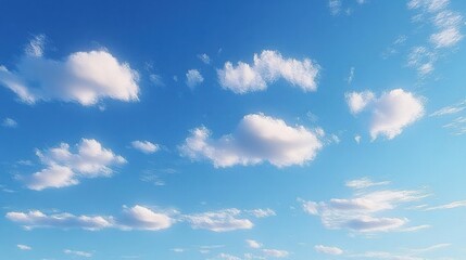 Bright blue sky filled with scattered soft white clouds on a clear sunny day