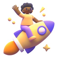 Confident woman riding a rocket symbolizing success and growth