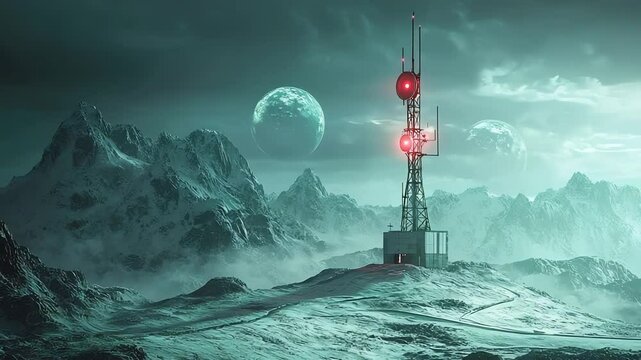 Futuristic communication tower on a frozen alien landscape.