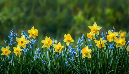 Vibrant yellow daffodils and delicate bluebells bloom atop lush green spring grass, springtime, horizontal