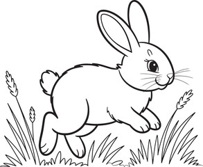 Cute cartoon bunny rabbit jumping through grass in a black and white illustration