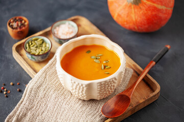 Vegetables  pumpkin soup with ingredients. Dishes, food.
