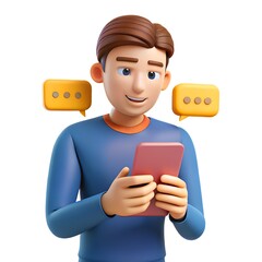 3D illustration of a young man using smartphone with speech bubbles