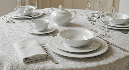 Elegant White Dinnerware Setting on a Tablecloth