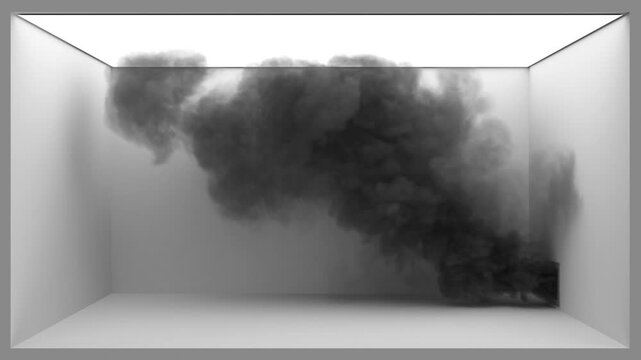 Black smoke billows from a vent into a white enclosed room and gradually fills the interior, 3D animation