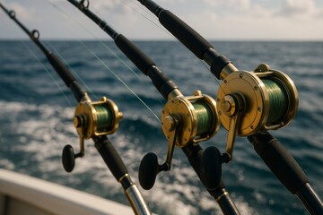 Fishing rods are mounted securely on boat, ready for use. Rod holders on boat hold multiple fishing rods over calm water. Setup suggests serious angling, preparation of peaceful day on water