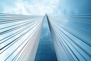 Perspective view looking up the central pylon of a modern cable-stayed bridge with symmetrical cables extending to the sky under a blue cloudy sky