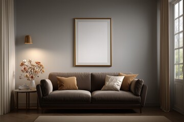 cozy living room wall mockup in mocha mousse color, blank white framed modern artwork, soft pastel accents, minimalist interior, natural lighting