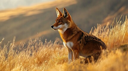 Wolves roam the highlands at dawn, their red fur blending with the dry grass, background wallpaper AI generated image