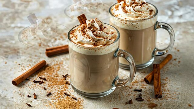 Hot cocoa Rumchata Adding cinnamon with rum. cold weather drink. Fall and winter drink. pastel beige background, copy space , for winter holiday menu, recipe