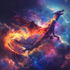 A magnificent dragon soars through the starry night sky, its fiery body and outstretched wings a striking contrast to the celestial backdrop.